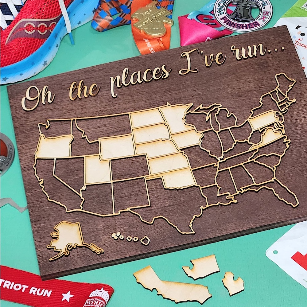 Hand-crafted wooden map- oh the places I’ve run display
